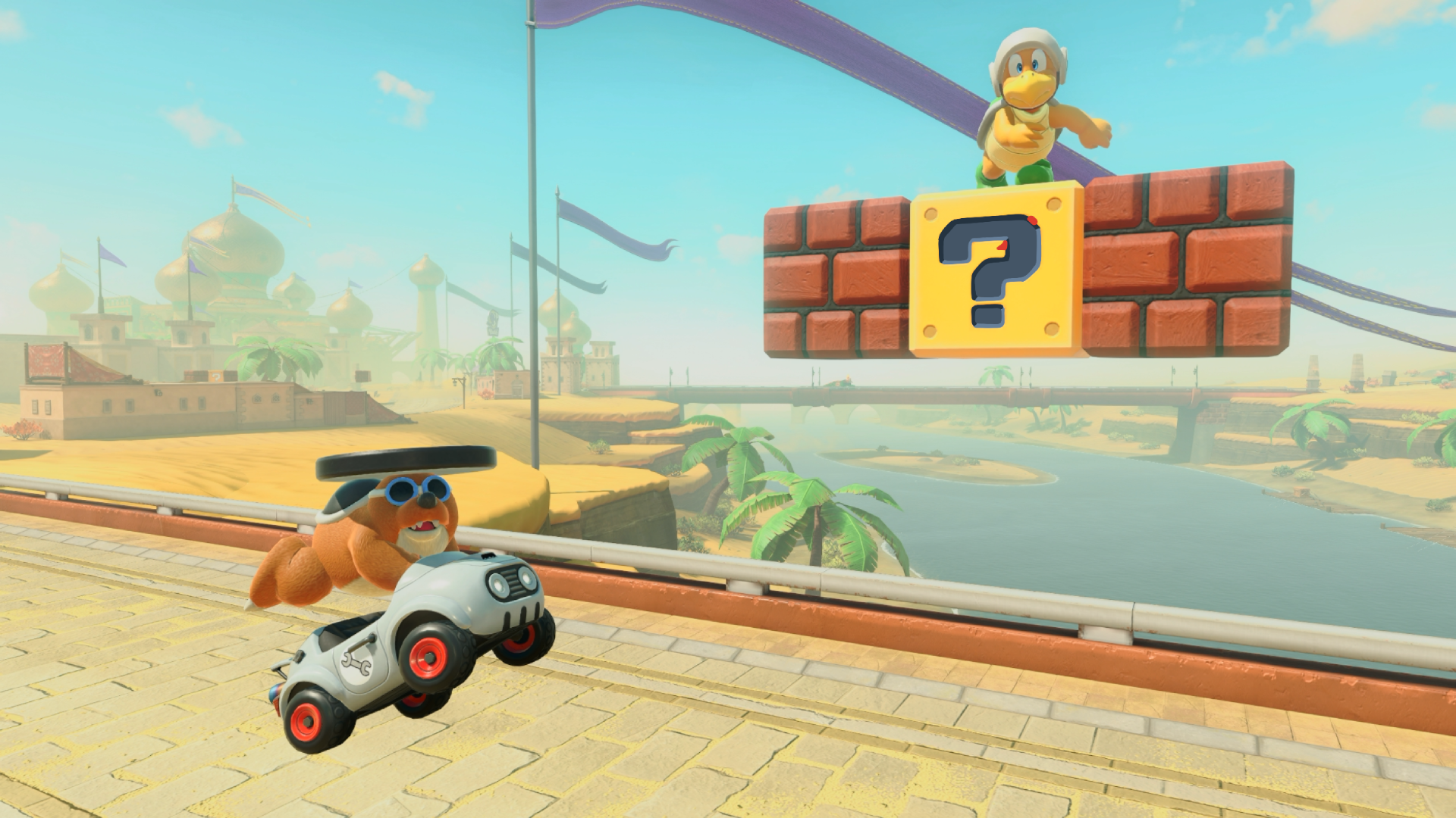 Rocky Wrench, a mole-like turtle with a manhole cover as a hat, driving an airborne blooper car with a hammer bro standing on top of a ? block in the background in Mario Kart World.