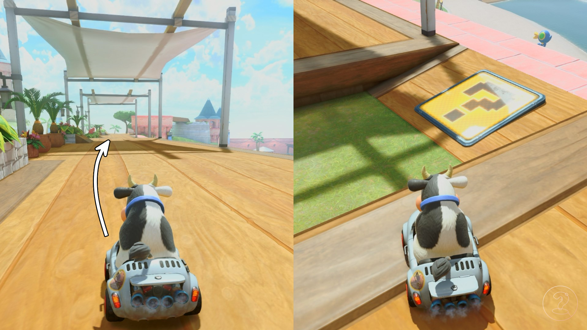 A cow driving towards two canopies and stopping beside a ? panel in Mario Kart World.Graphic: Should You Play | Image source: Nintendo EPD/Nintendo via Should You Play