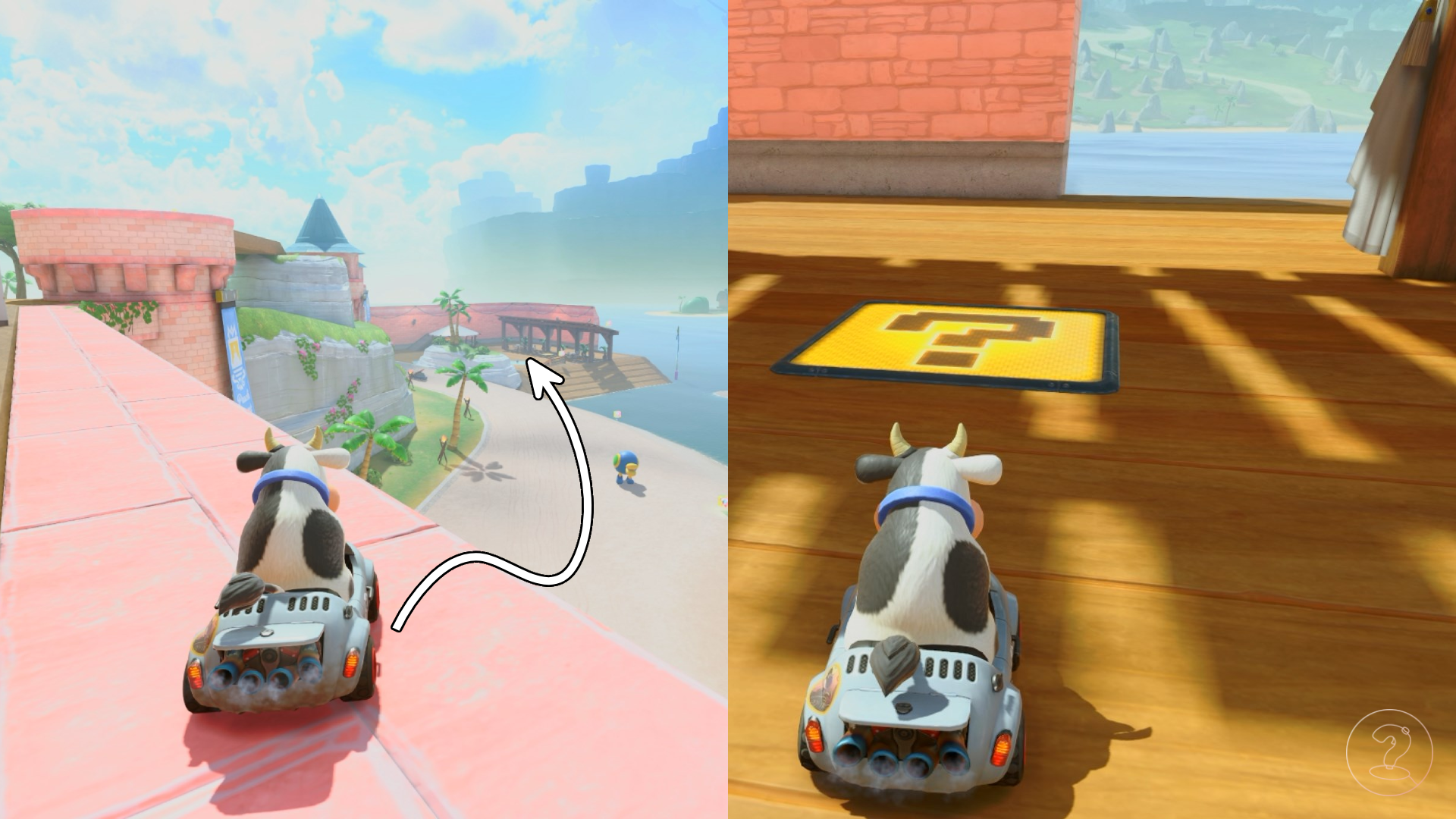 Cow sitting in a car heading towards a wooden relaxation area in Mario Kart World.
