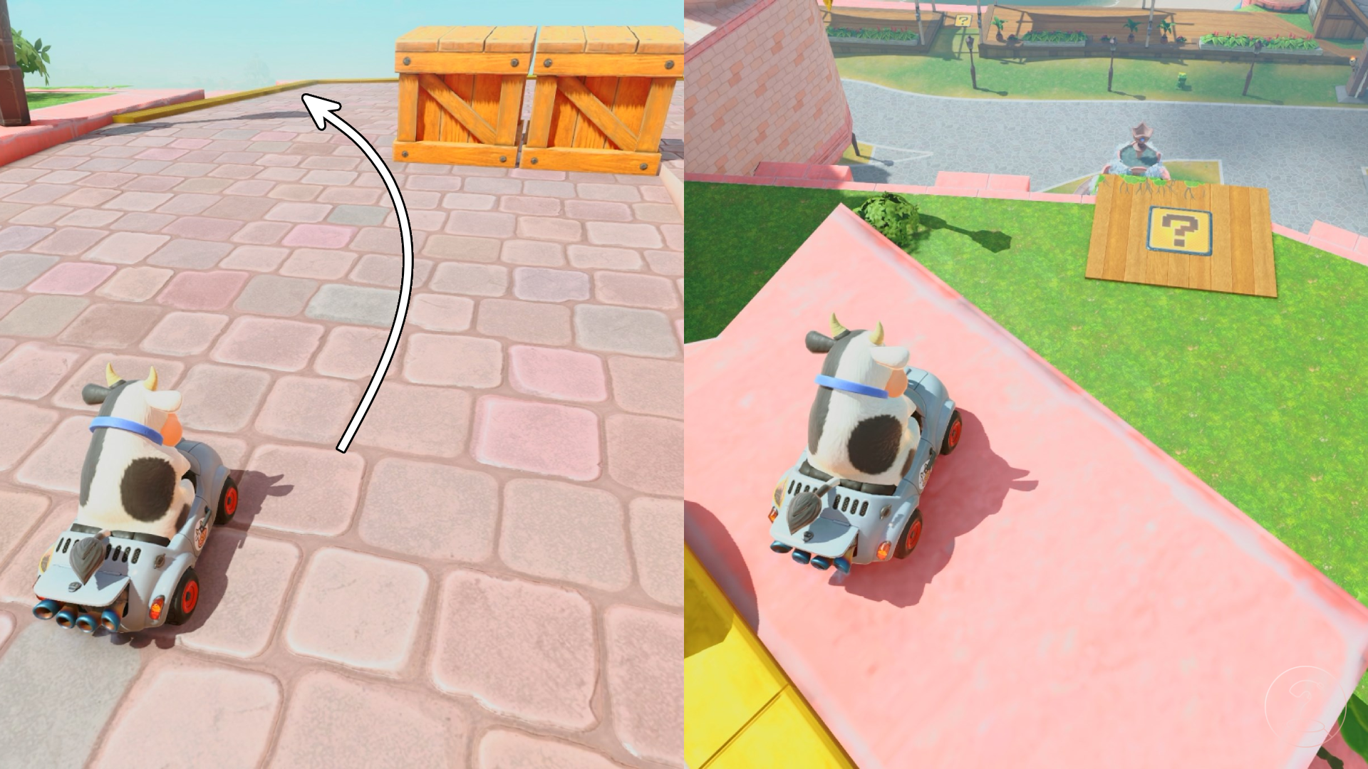 A cow in a car driving past two wooden crates and overlooking the edge.