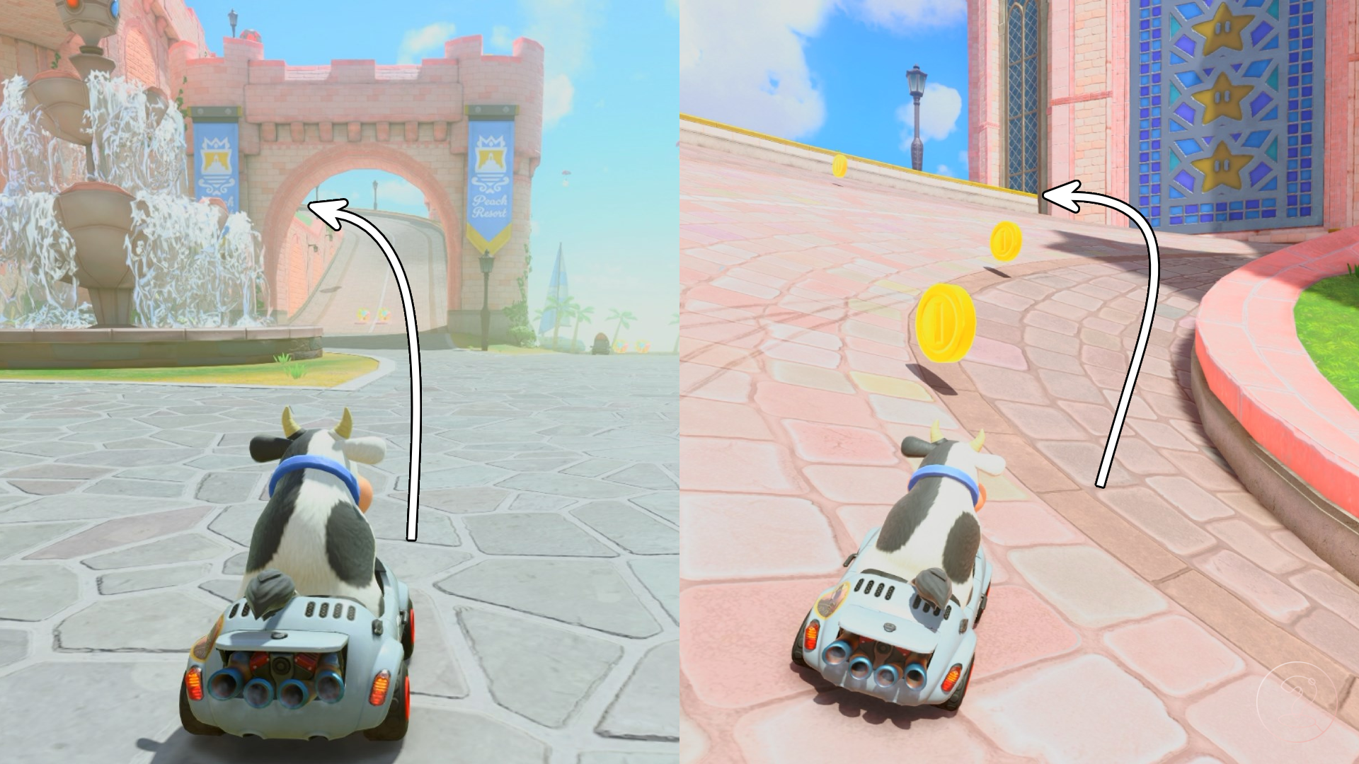A cow in a car driving towards a pink archway in Mario Kart World.