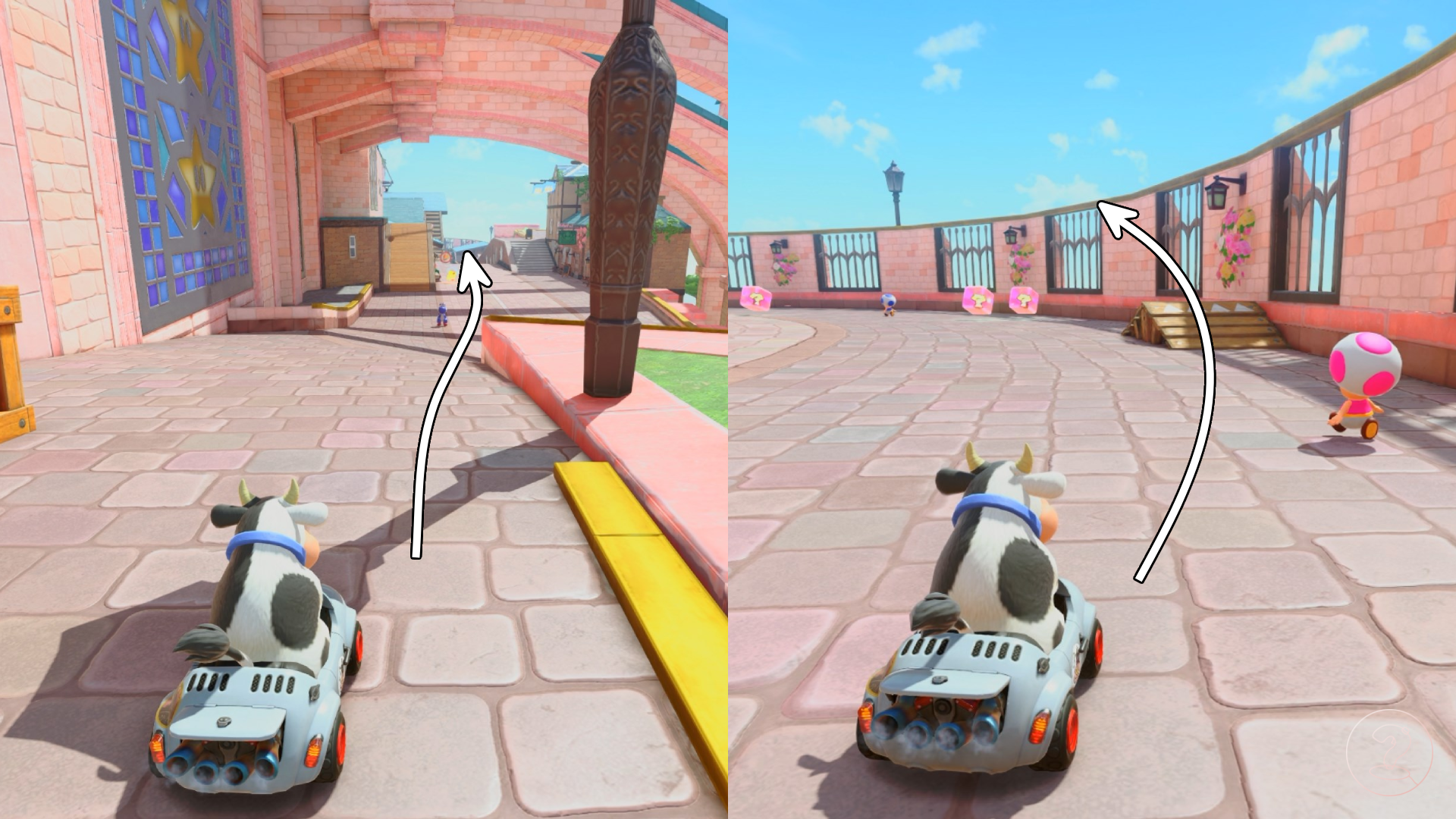 A cow in a car sitting on a pink stone road waiting to drive off of a ramp in Mario Kart World.