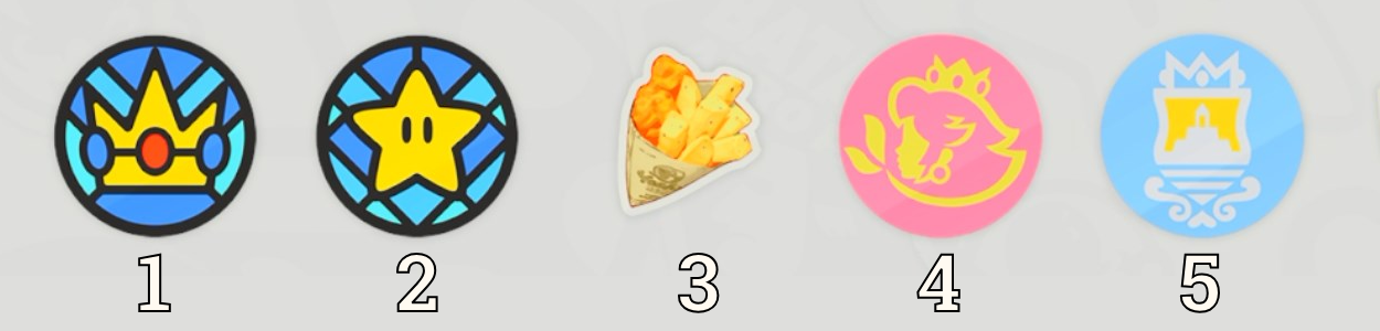 Stickers featuring items related to Princess Peach and Fish and Chips in Mario Kart World.