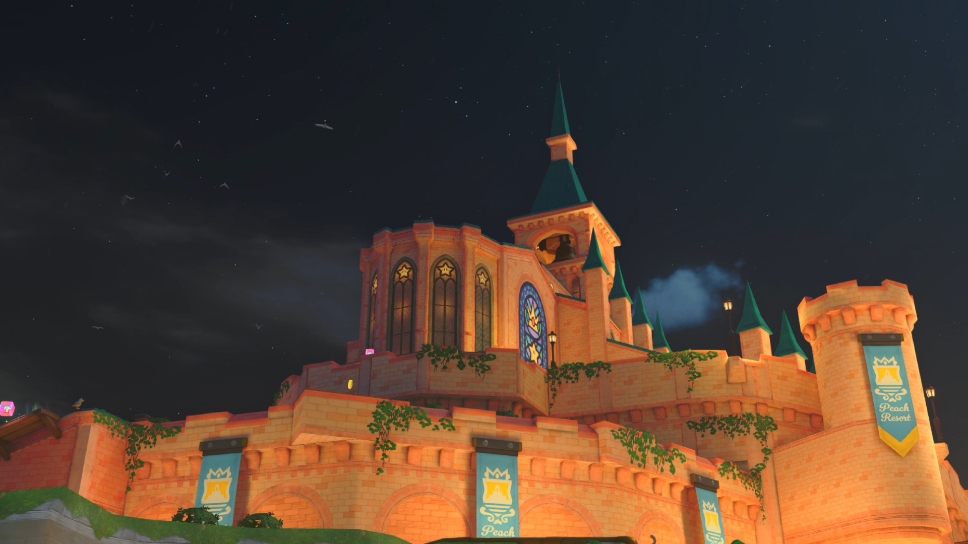 Peach Beach Resort at night in Mario Kart World.