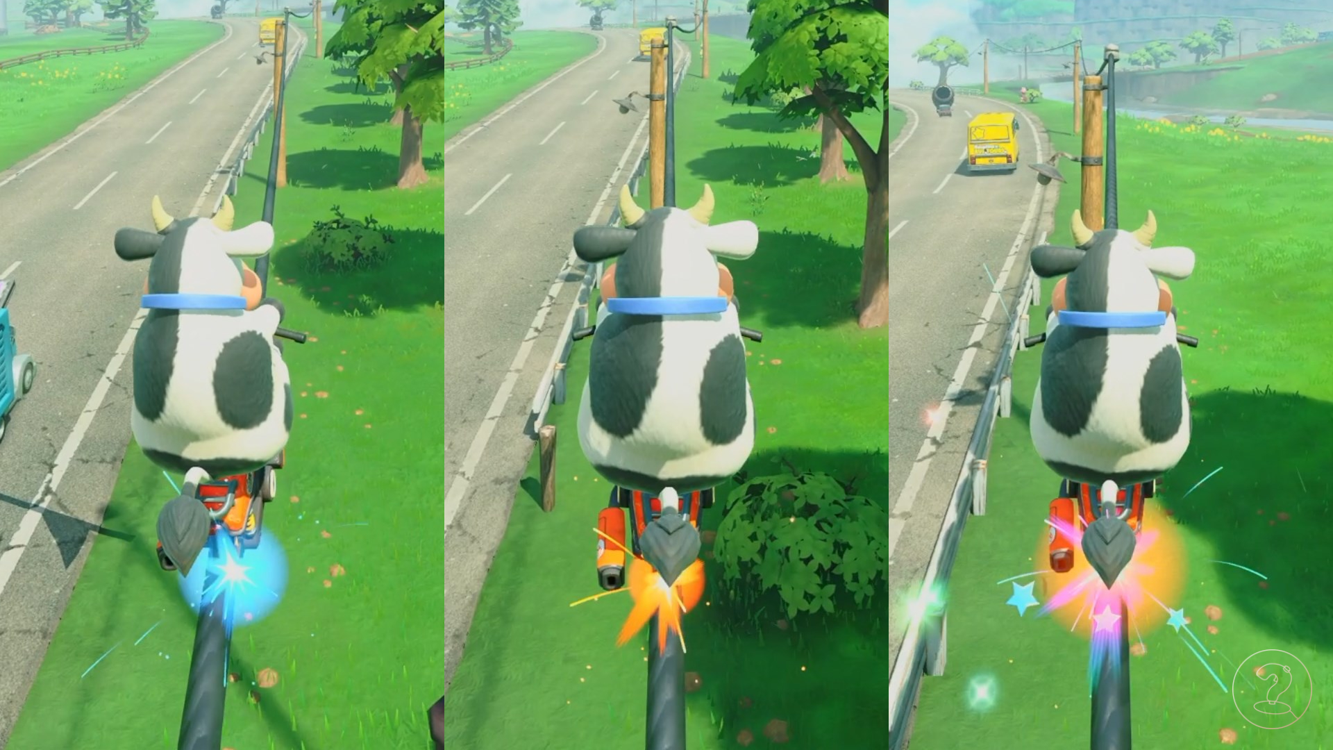 The three stages of rail ride in Mario Kart World.