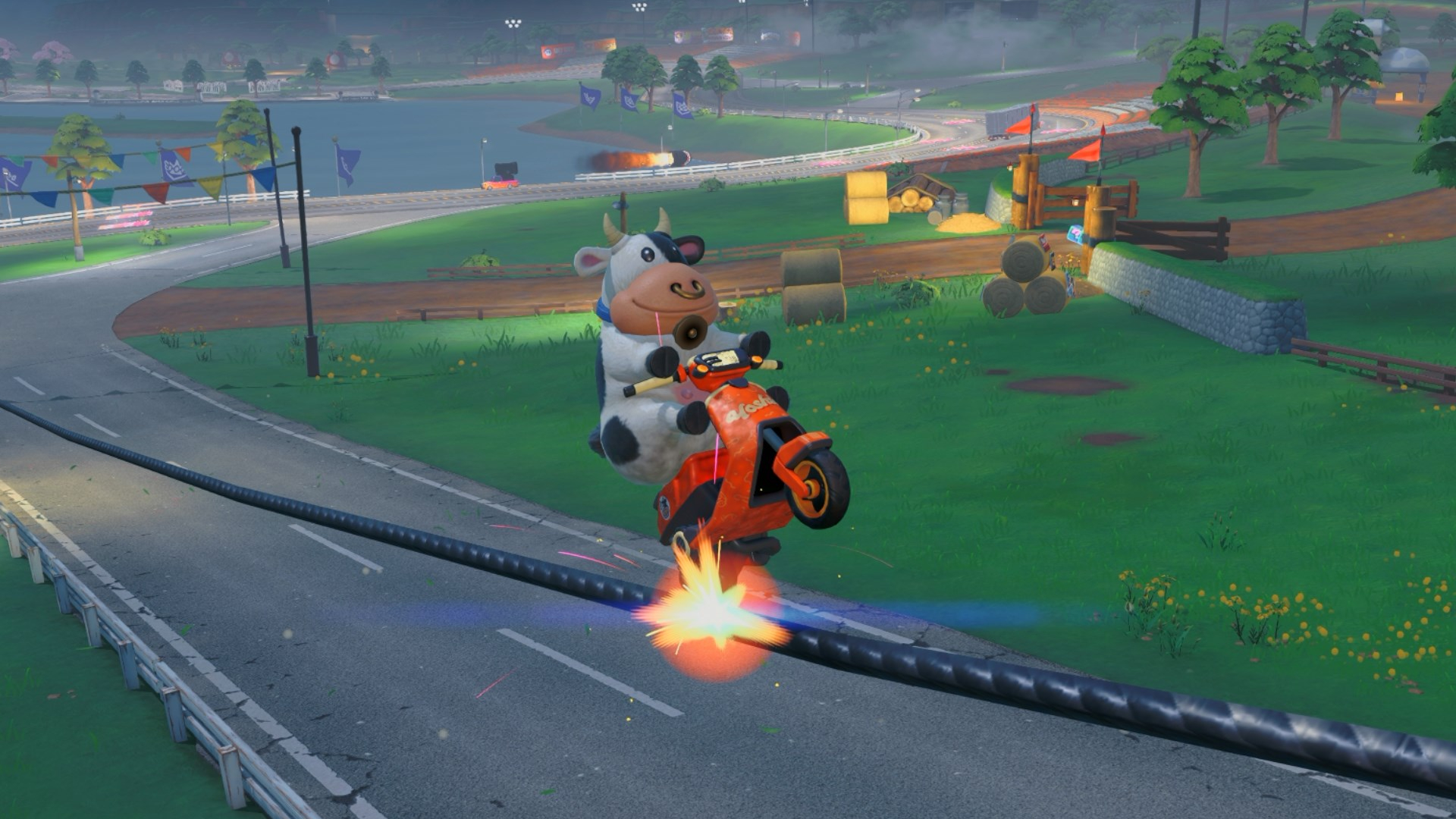 Cow riding a scooter on a rail in Mario Kart World