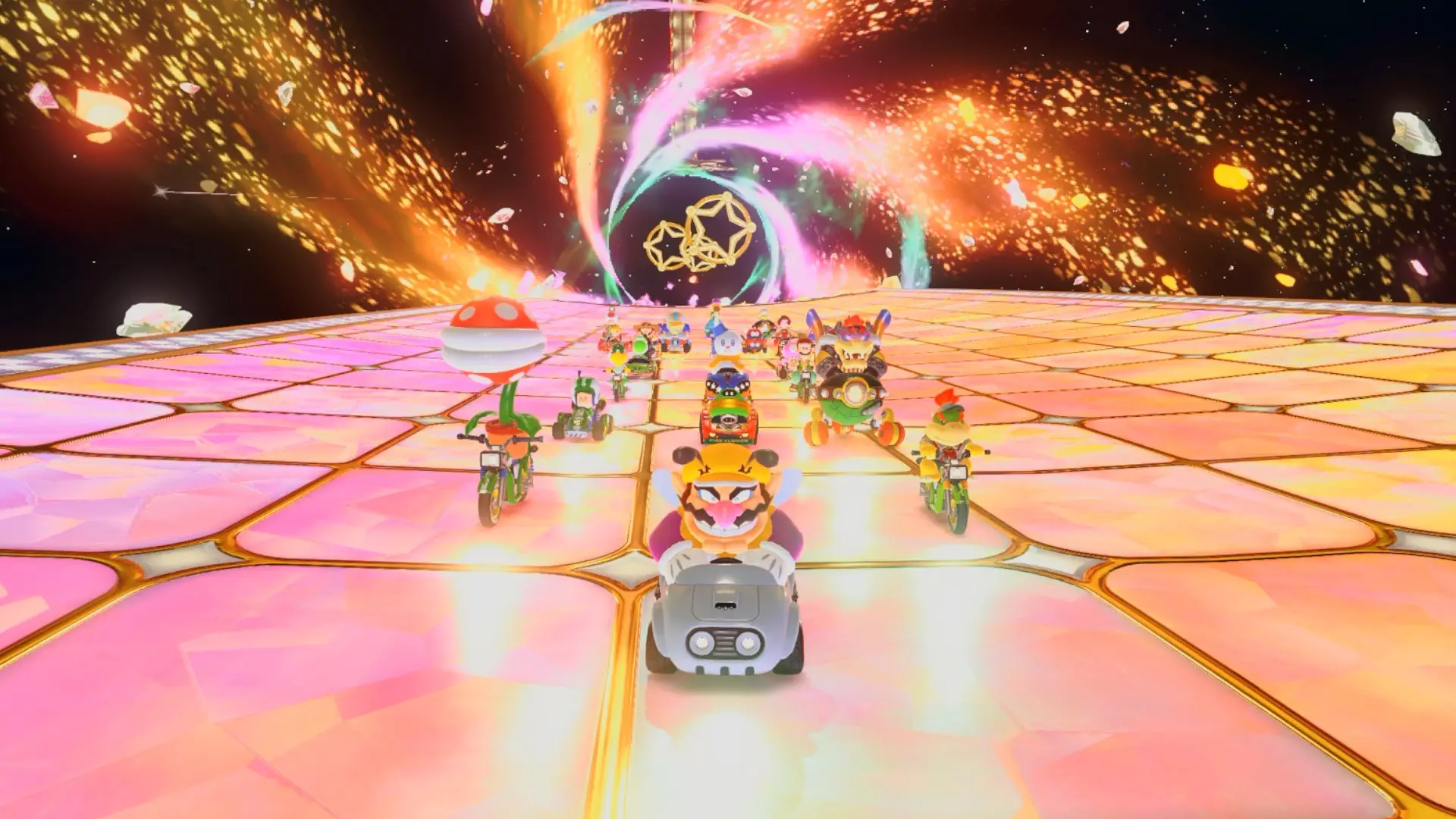 Wario in a bee outfit and blooper car driving on rainbow road in Mario Kart World.