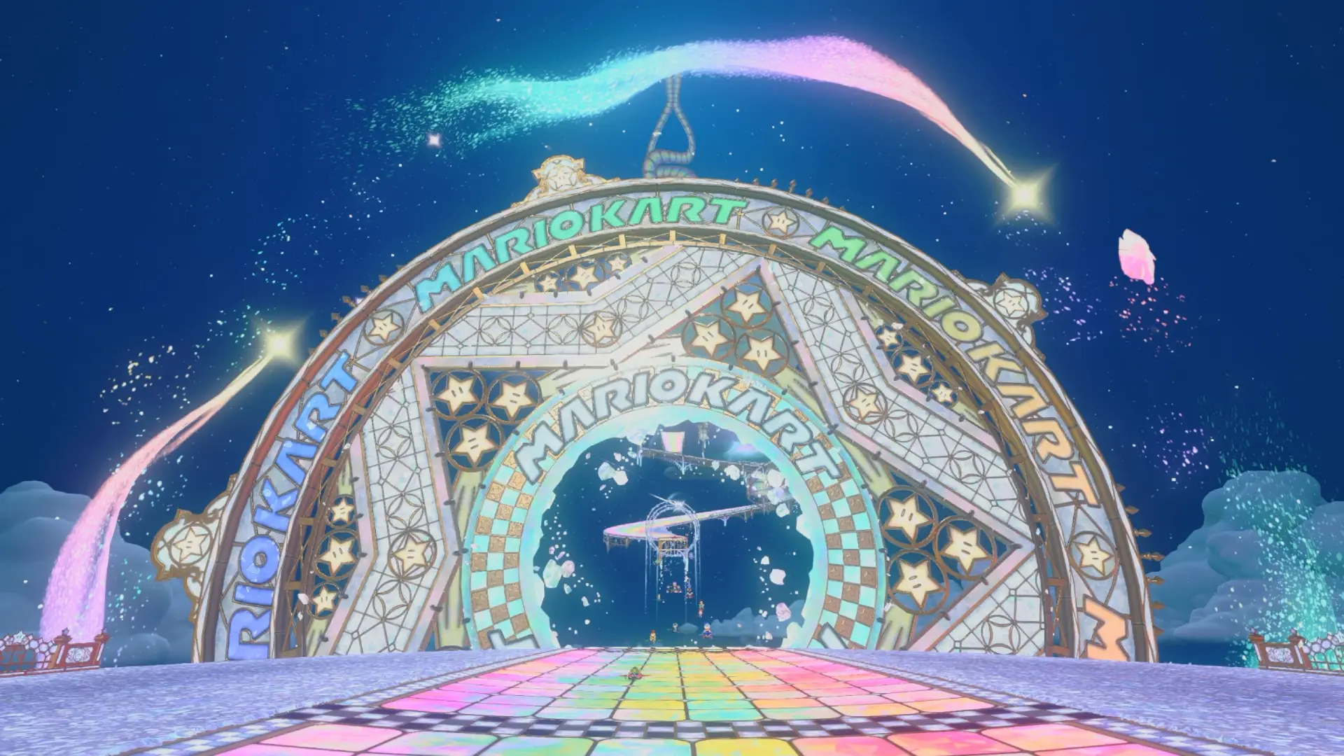 The start and finish line for Rainbow Road in Mario Kart World.