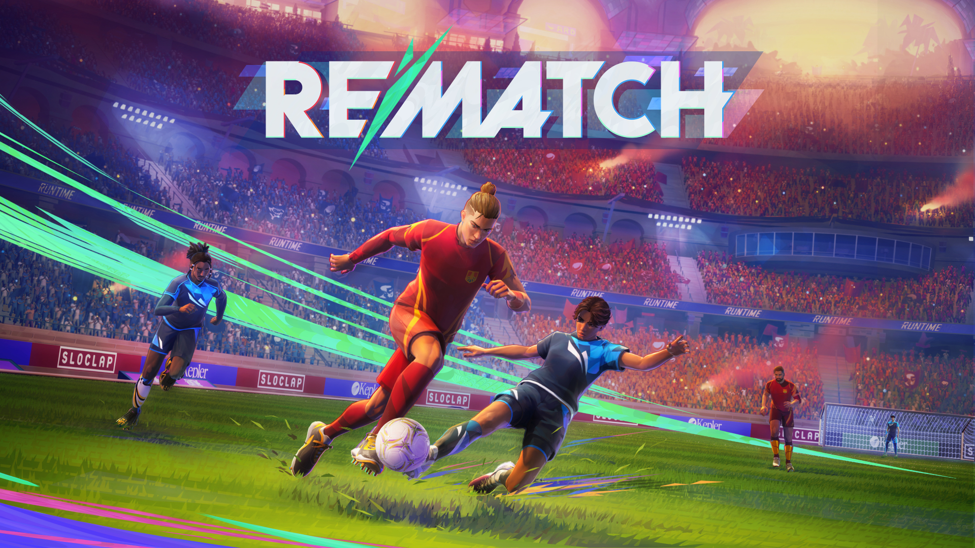 The key art for Rematch, which features players battling for a soccer ball/football.