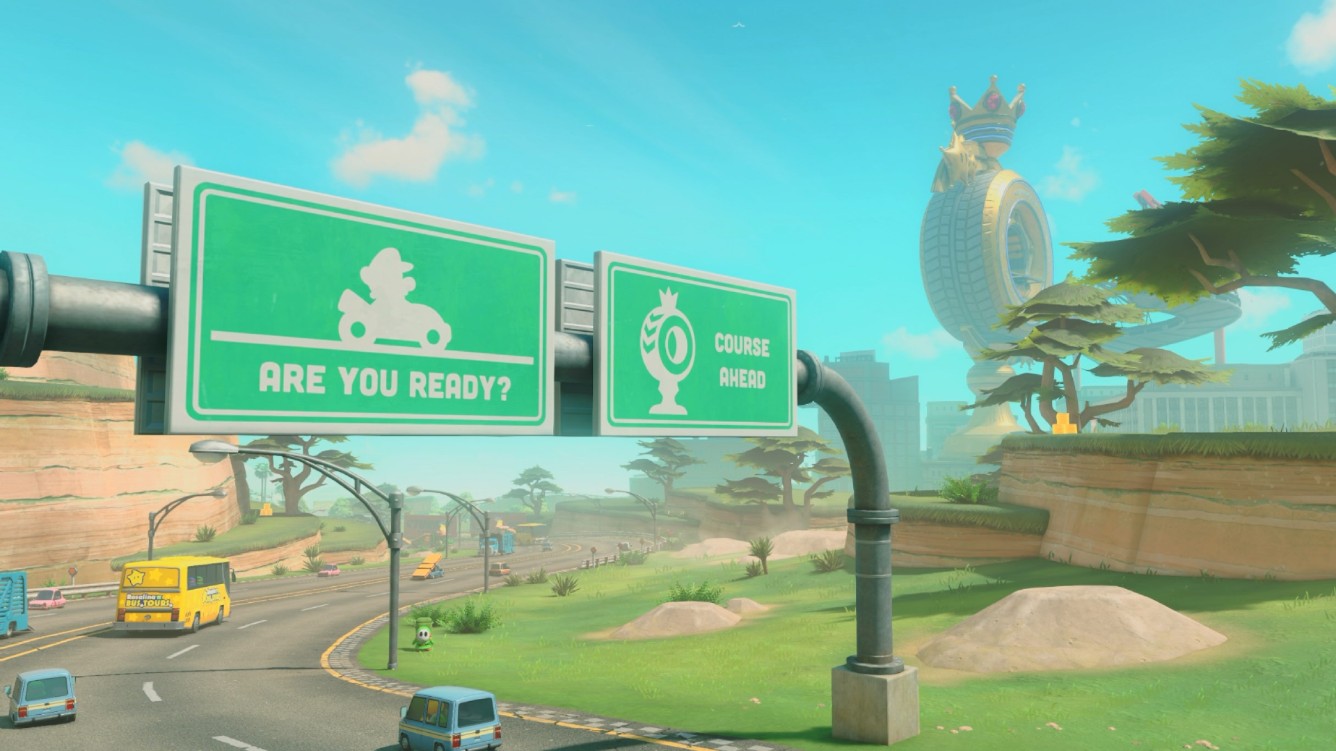 A road sign in Mario Kart World indicating that Crown City is approaching.