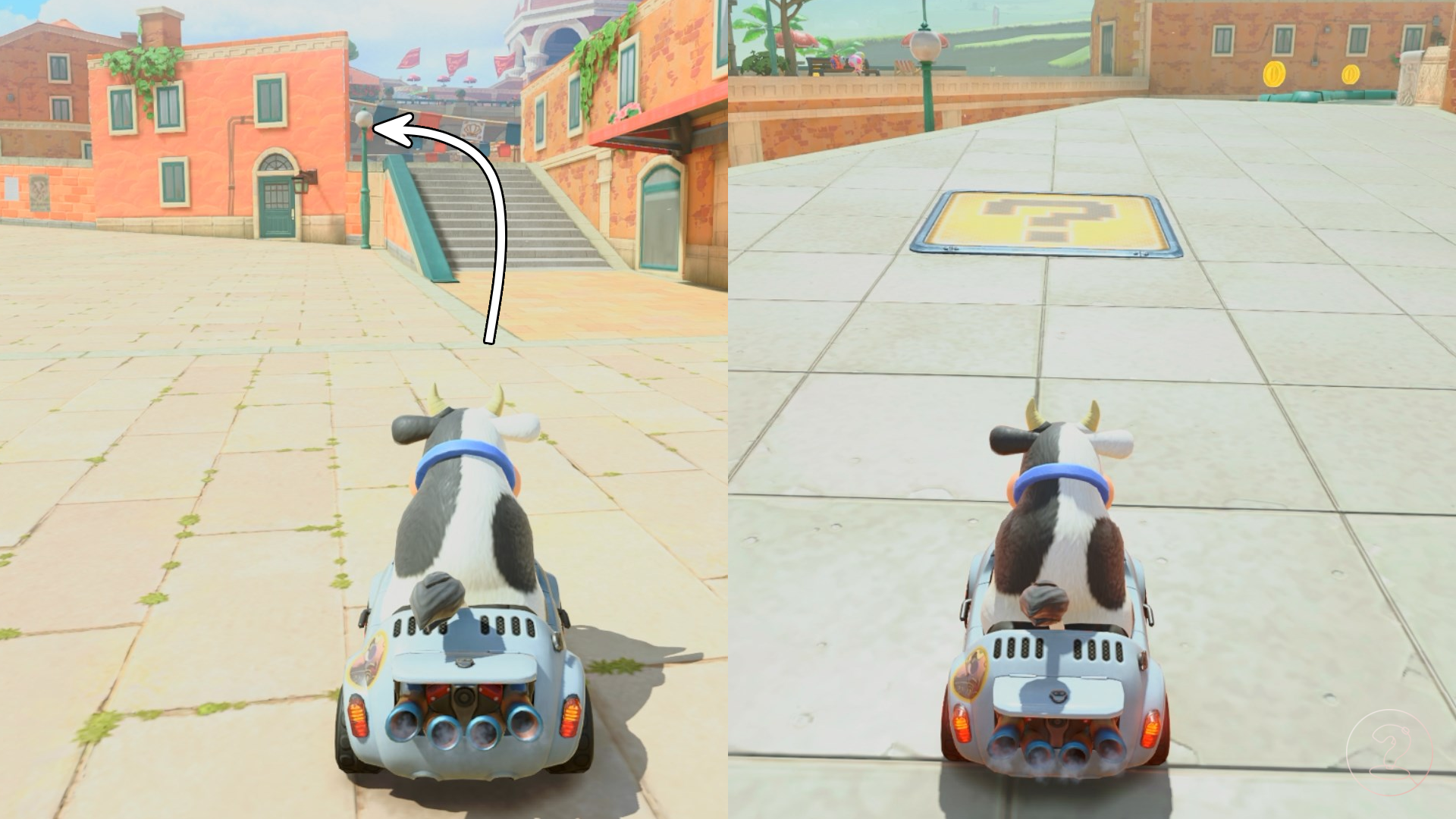 A cow sitting in a car in front of stairs and a panel with a question mark on it in Mario Kart World.