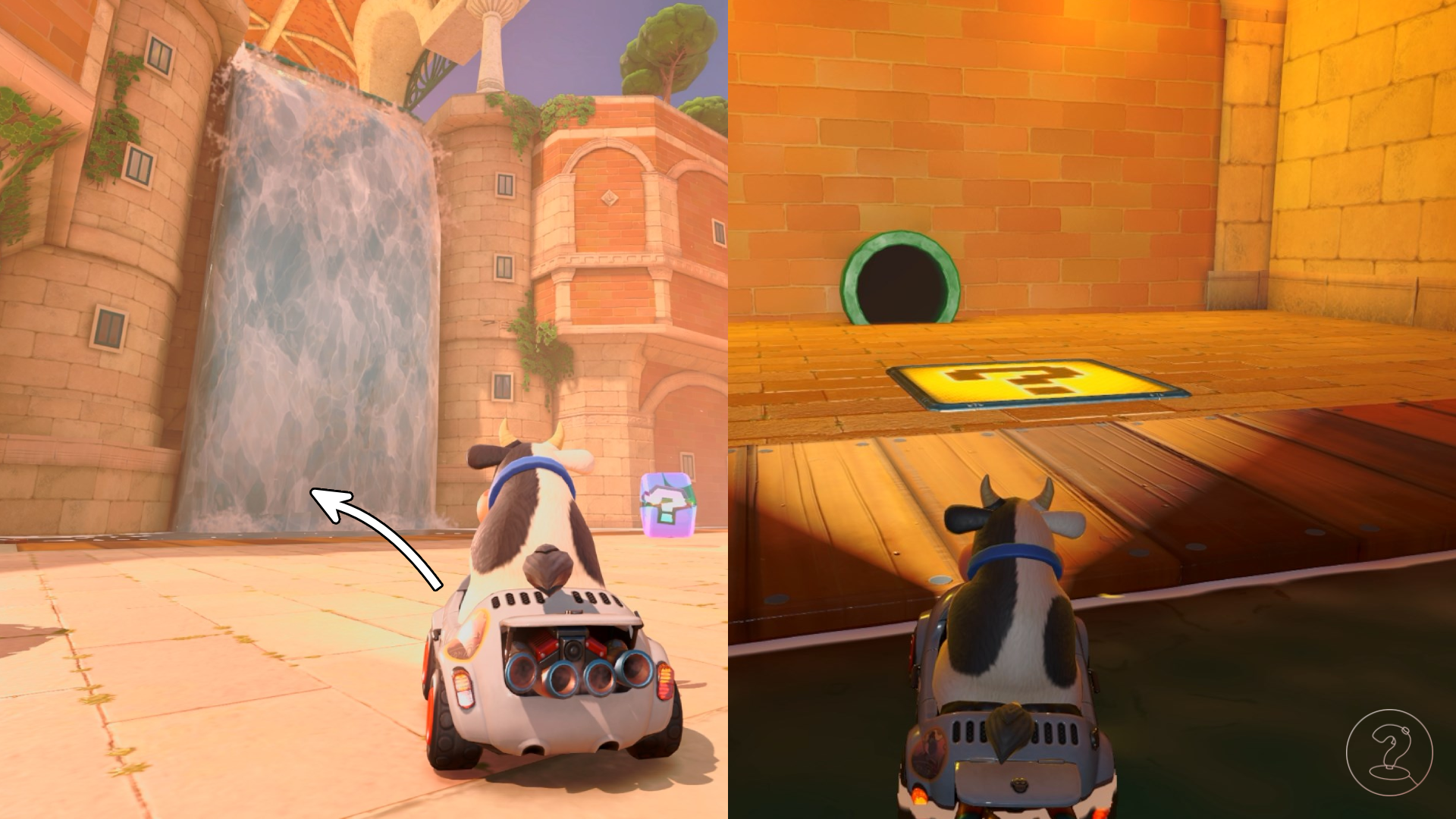 A cow sitting in front of a waterfall and a panel with a pipe behind it in Mario Kart World.