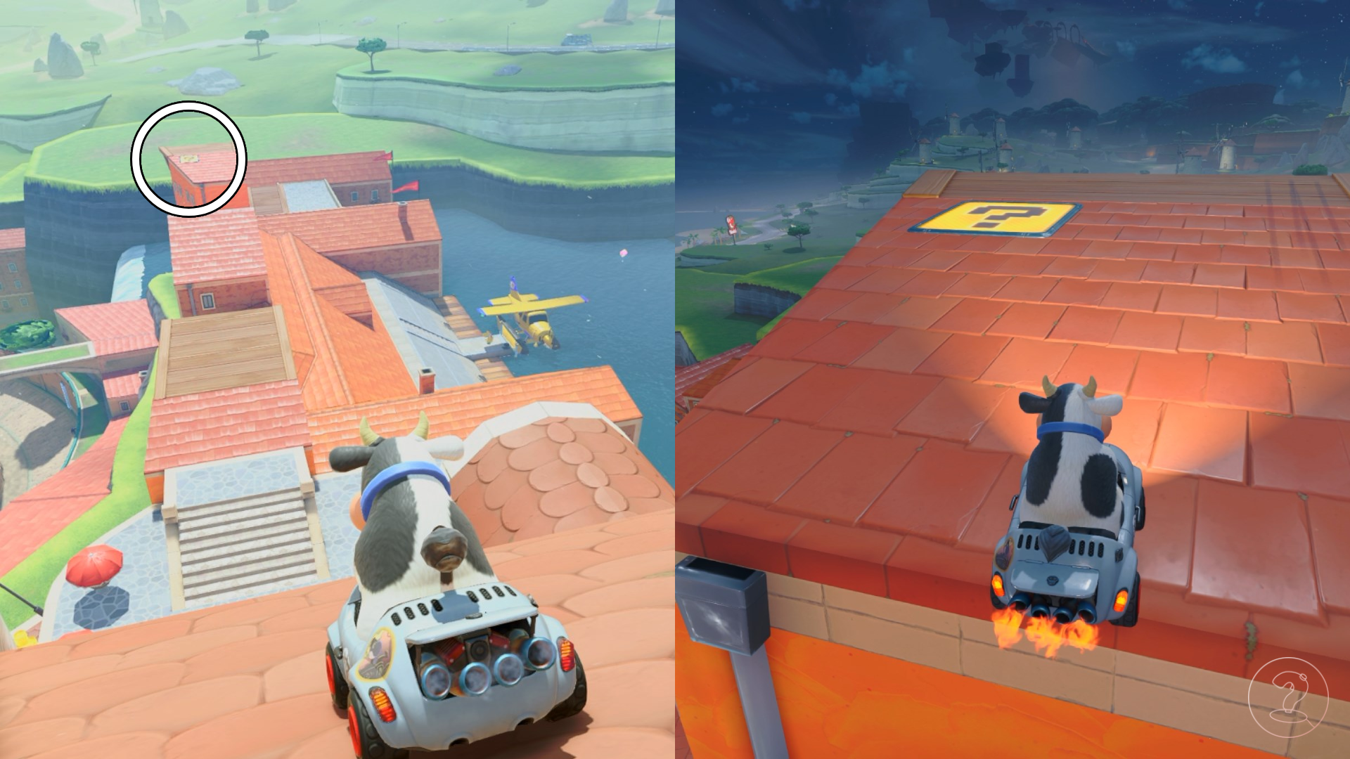 Cow sitting in a car on a roof in Mario Kart World.
