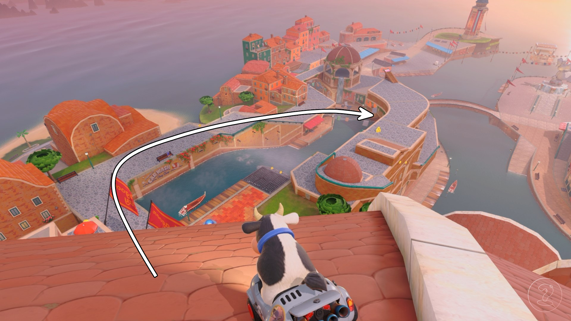 Cow sitting in a car on a roof with an arrow indicating the intended path in Mario Kart World.