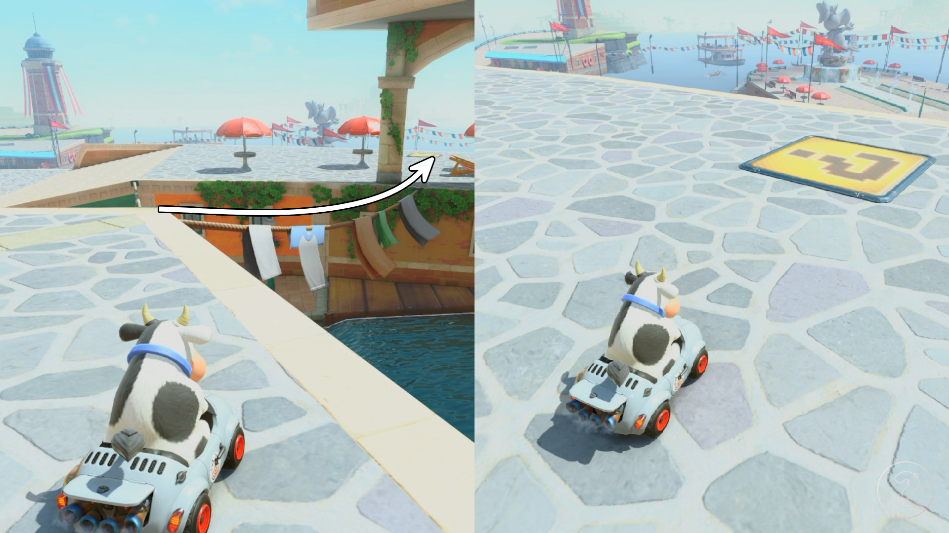 Cow sitting in a car by a clothesline in Mario Kart World.