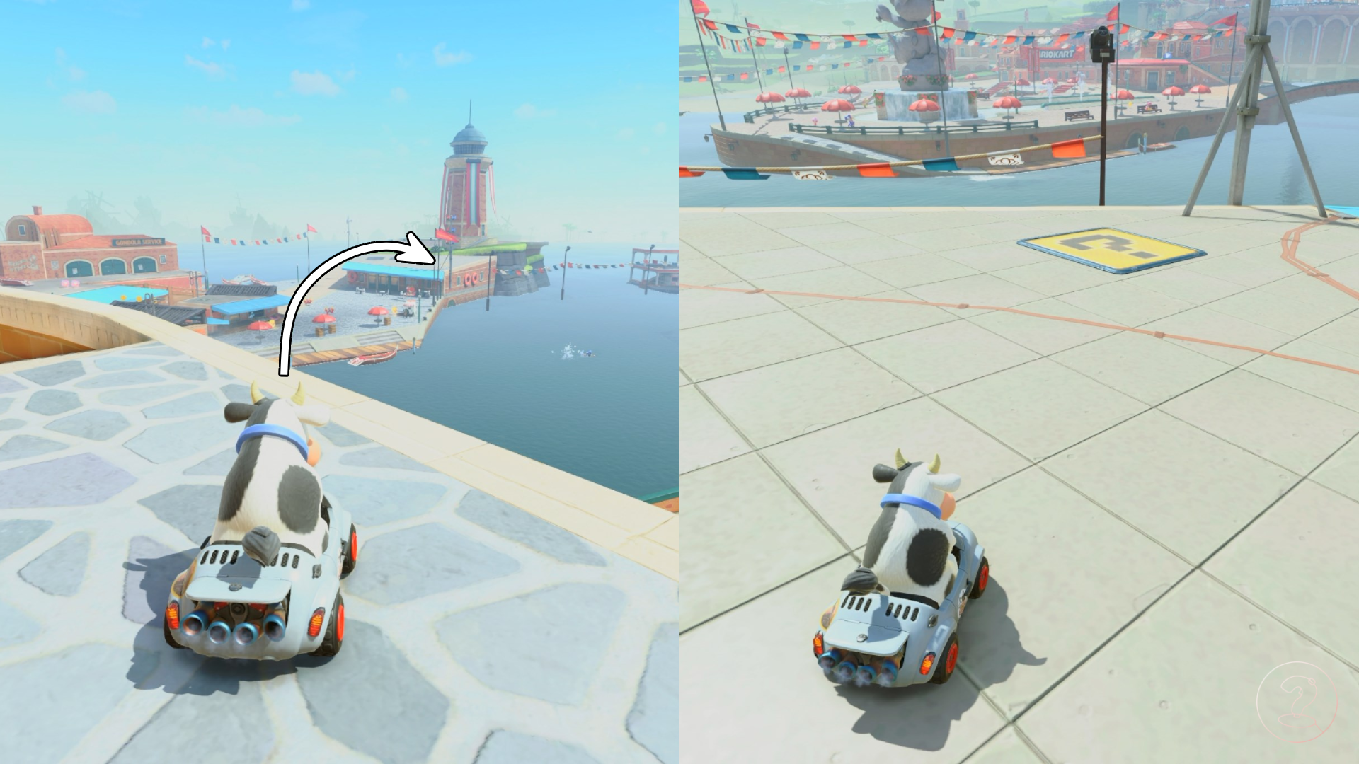 A cow sitting in a car looking at a lighthouse in the distance in Mario Kart World.