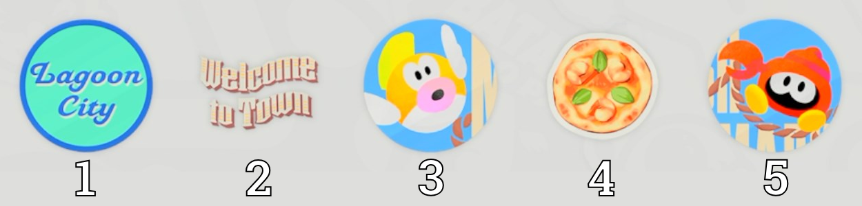 All of the "?" panel sticker rewards from Salty Salty Speedway featuring a pizza, crab, and cheep cheep sticker.