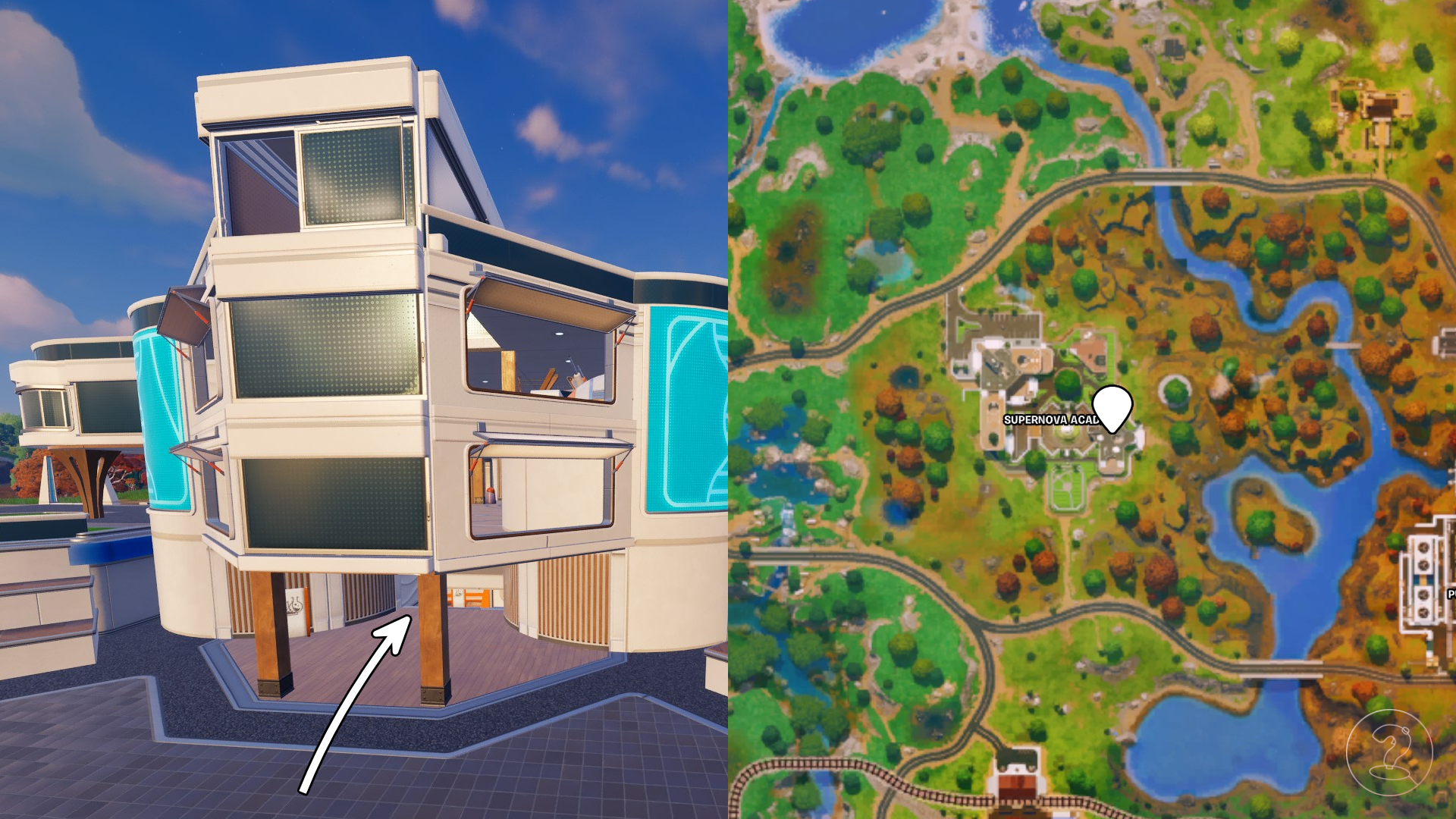 A white building with wood accents along with its location marked on the map of Fortnite Chapter 6 Season 3.