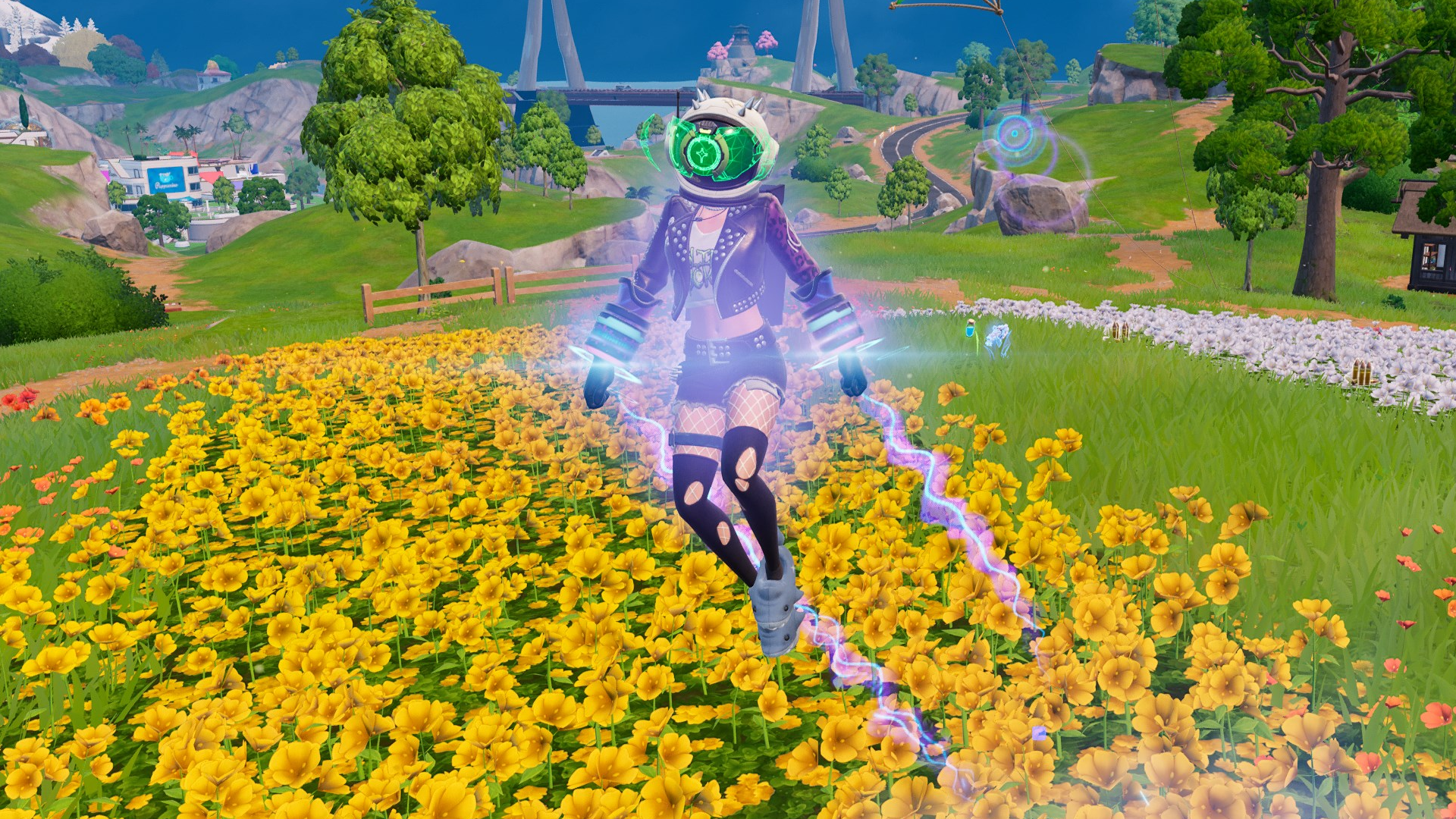 A Fortnite character wearing a helmet with a green visor and glowing gloves in a field of flowers.